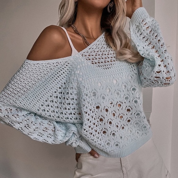 Cozy Boho Light Blue Off Shoulder Knit Sweater Top - Picture 2 of 6